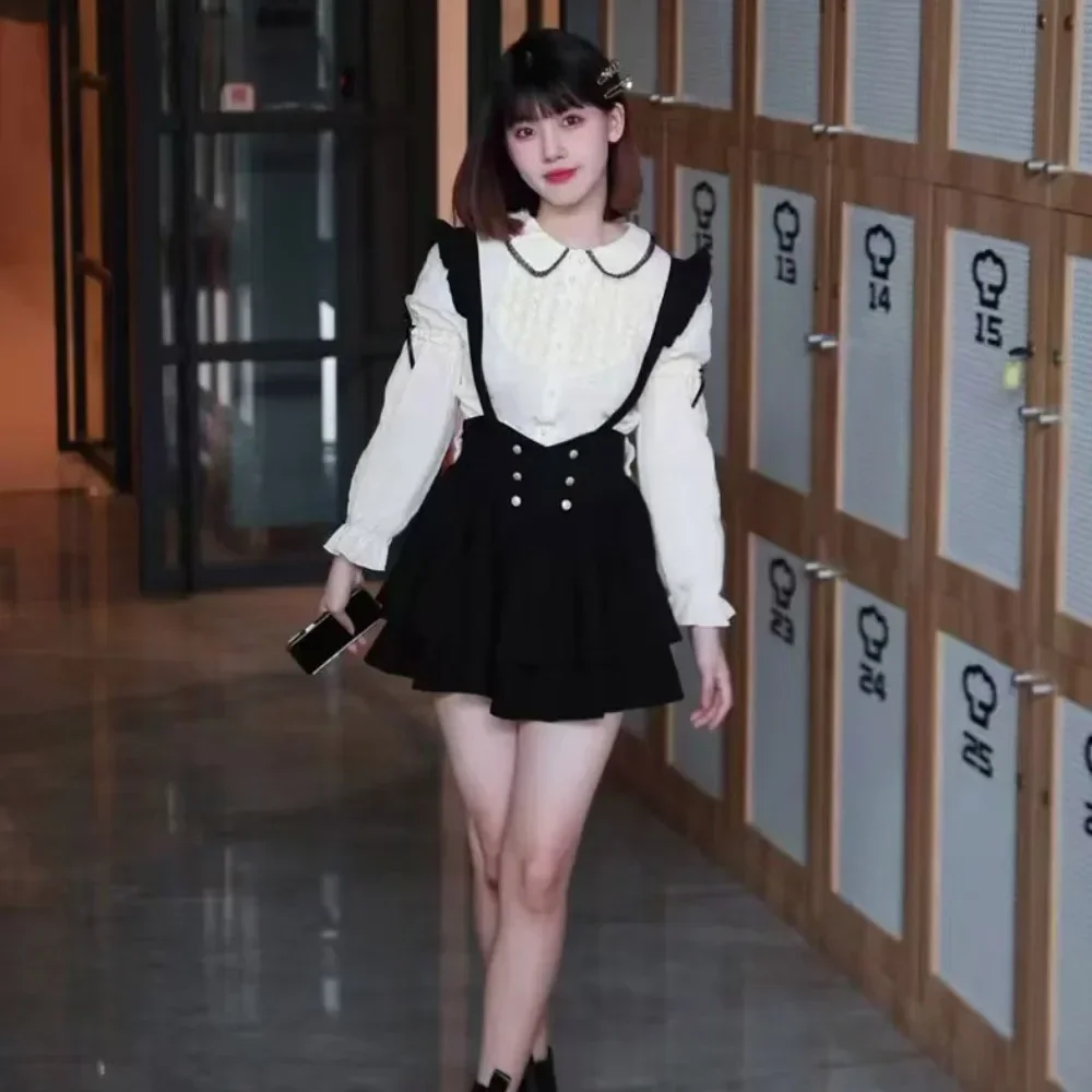 Japanese Gothic Y2k Preppy Style Sweet Lolita Women\'s Skirt Sets Doll Collar Kawaii Top + Suspender Skirt Lolita Clothes