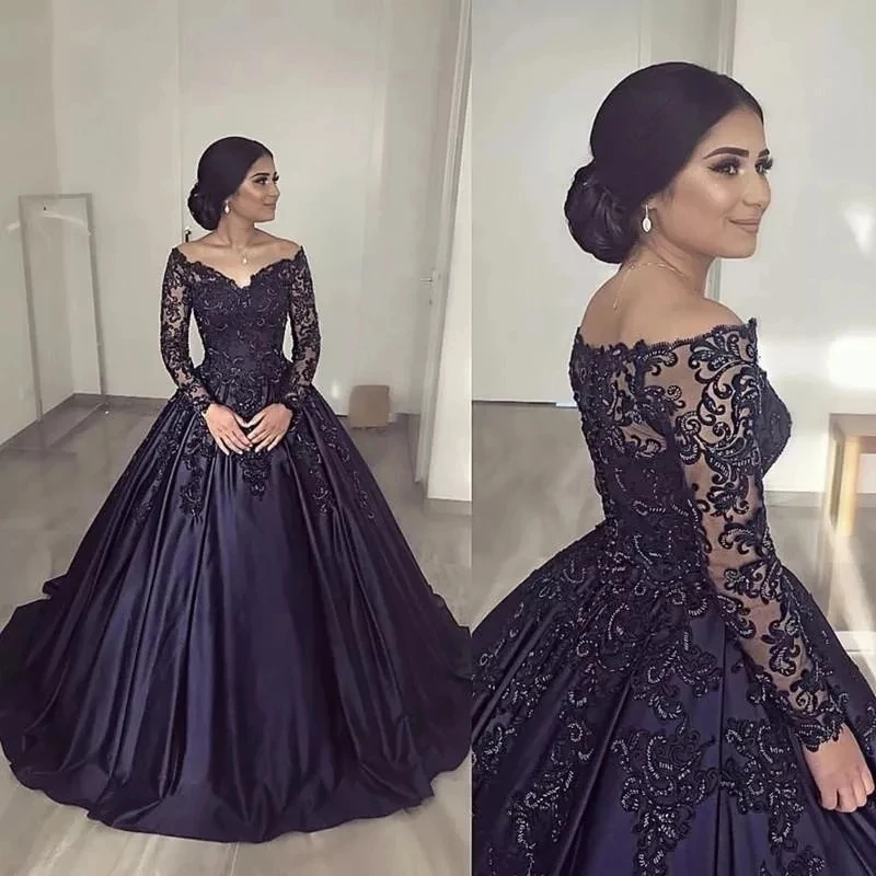 Vestidos de noite formais femininos com renda modesta, vestido de baile princesa, gola V, mangas compridas, lindo vestido de casamento, roupa gótica acetinada