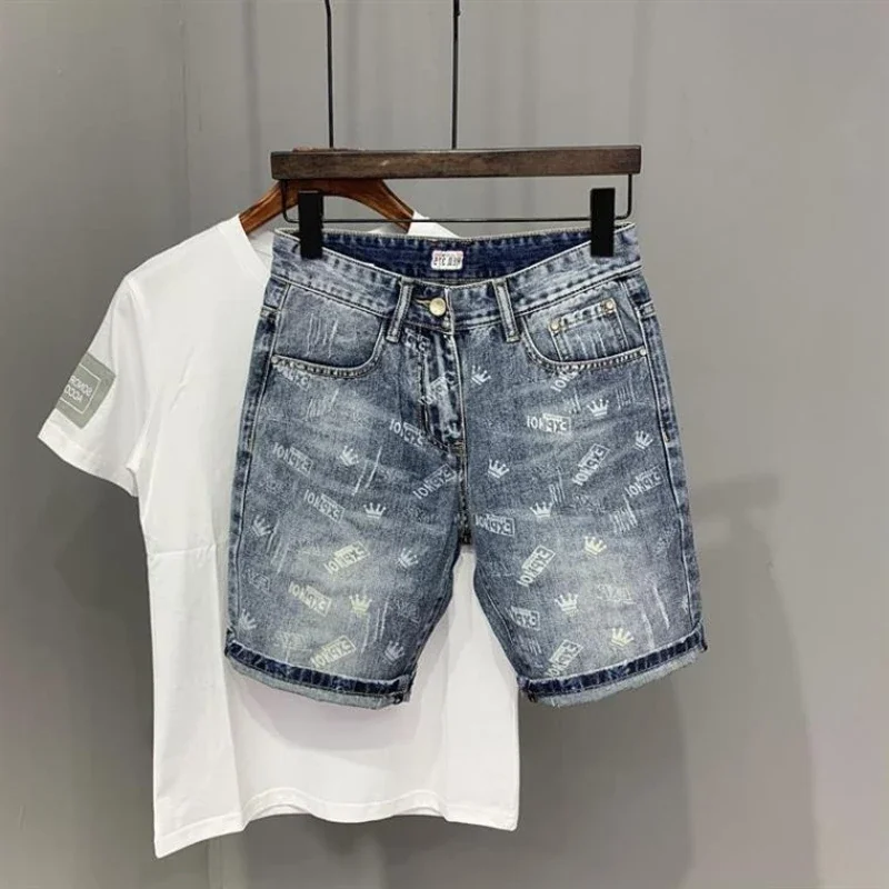 

Skinny Man Denim Shorts Bermuda with Pockets Ripped Slim Half Long Short Jeans Pants for Men Trend 2025 New in Korean Fashion Xl