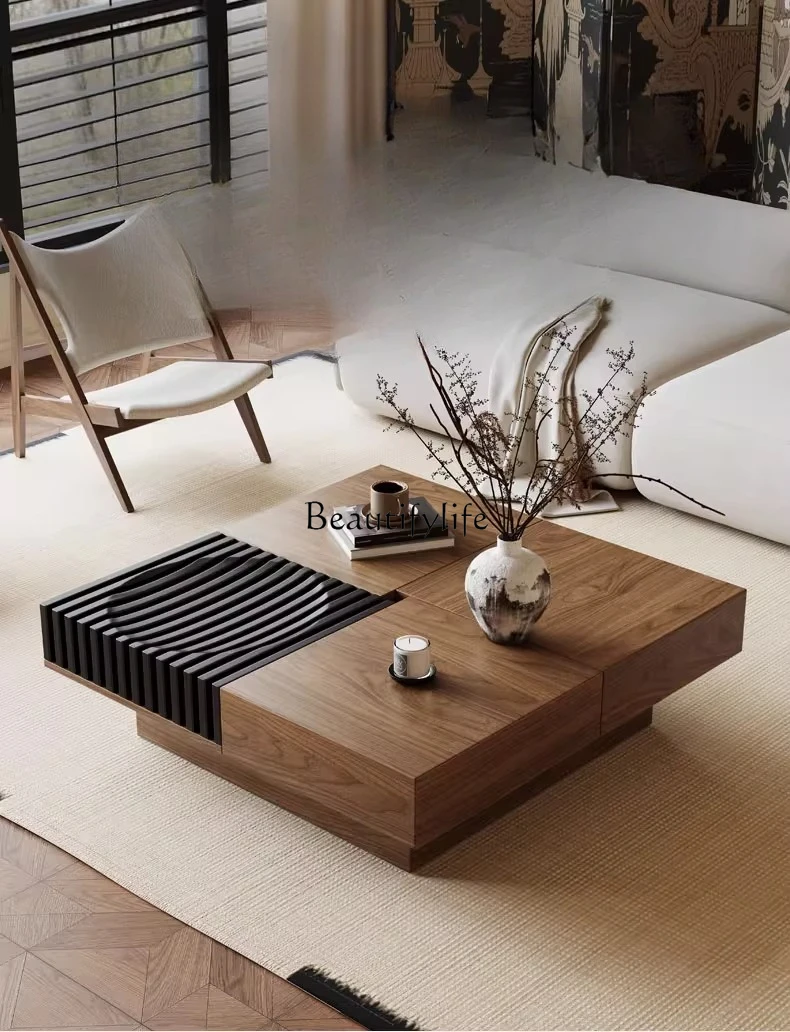 

02-Italian retro style solid wood coffee table living room small apartment storage square black walnut simple medium and ancient