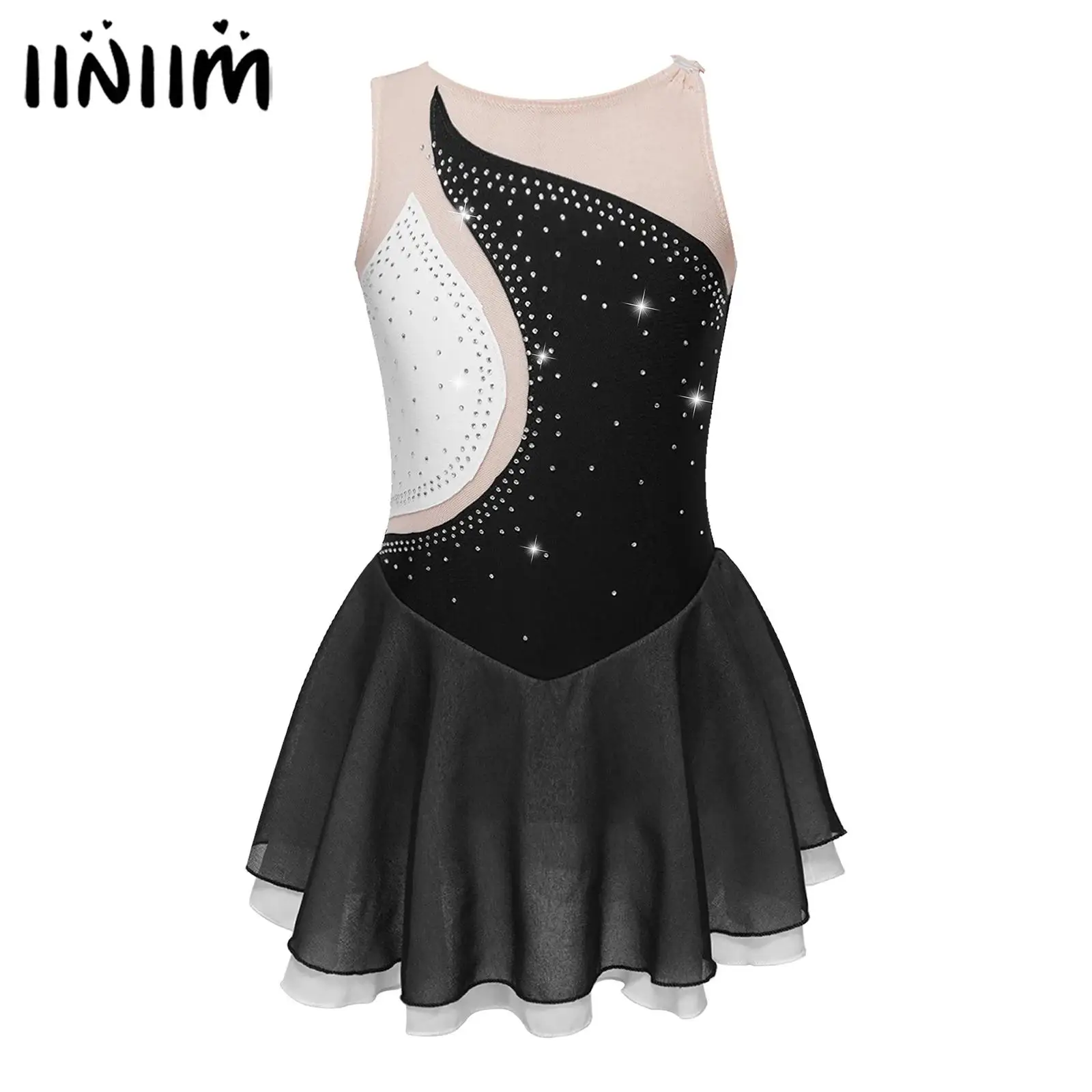 

Kids Girls Sparkling Rhinestone Gymnastics Ballet Lyrical Dance Dress Sleeveless Round Neckline Figure Skating Leotard Costume