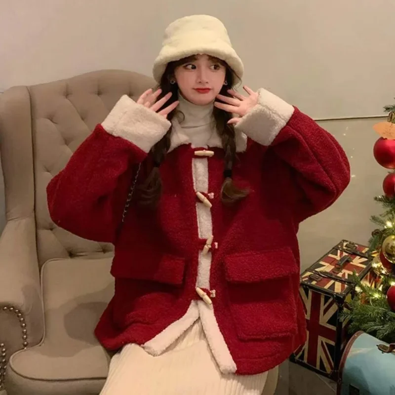 HOUZHOU Vintage Red Fleece Jacket Women Oversized Lamb Wool Coat Korean Fashion Cute Short Jackets Chic and Elegant Aesthetic