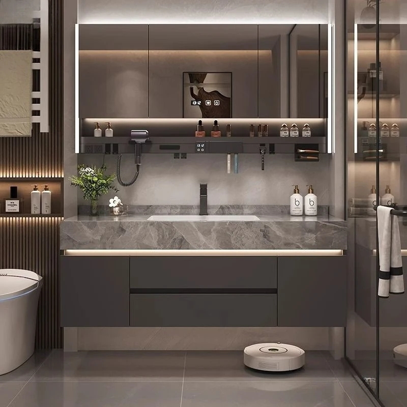 

Bathroom Cabinet Rock Slab Seamless Ceramic Basin Bathroom Vanity Combo Multi-functional Storage Drawers Washbasin Cabinet