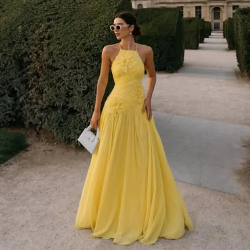 Abiti da sera pieghettati senza maniche gialli con applicazioni di fiori di lunghezza del pavimento personalizzati di alta qualità Robes De Soirée Abiti da gala