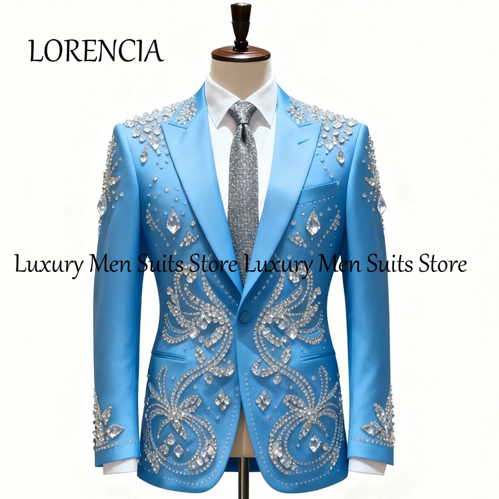 

Classic Diamond Men Suits 2 Pieces Single Breasted Crystal Wedding Groom Tuxedos Set Customized Blazer Pants costume homme luxe
