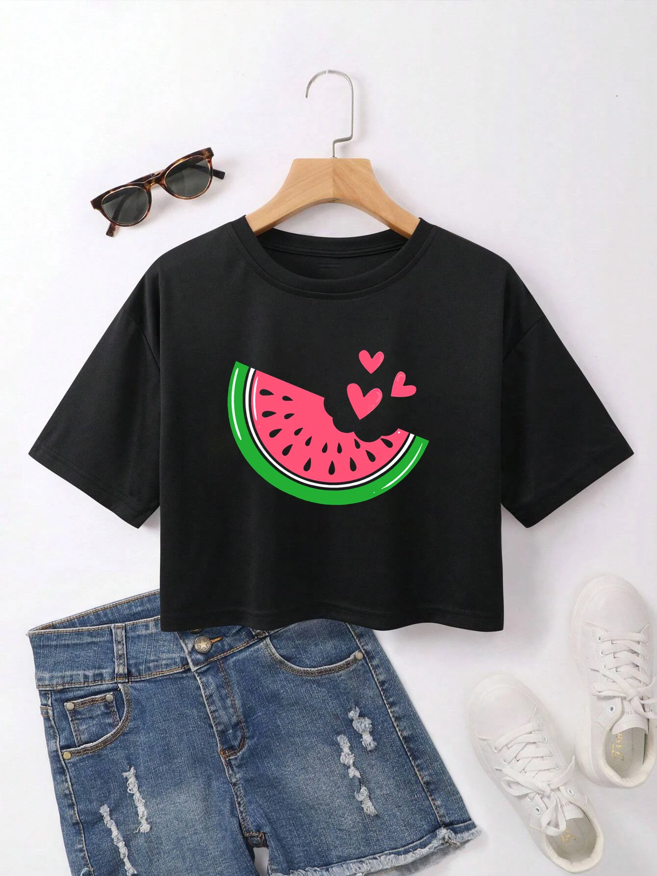 

2024 Watermelon Graphic Crop tee Women Funny clothes Summer Fashion Harajuku Casual Round Neck Short sleeve Crop T-shirt