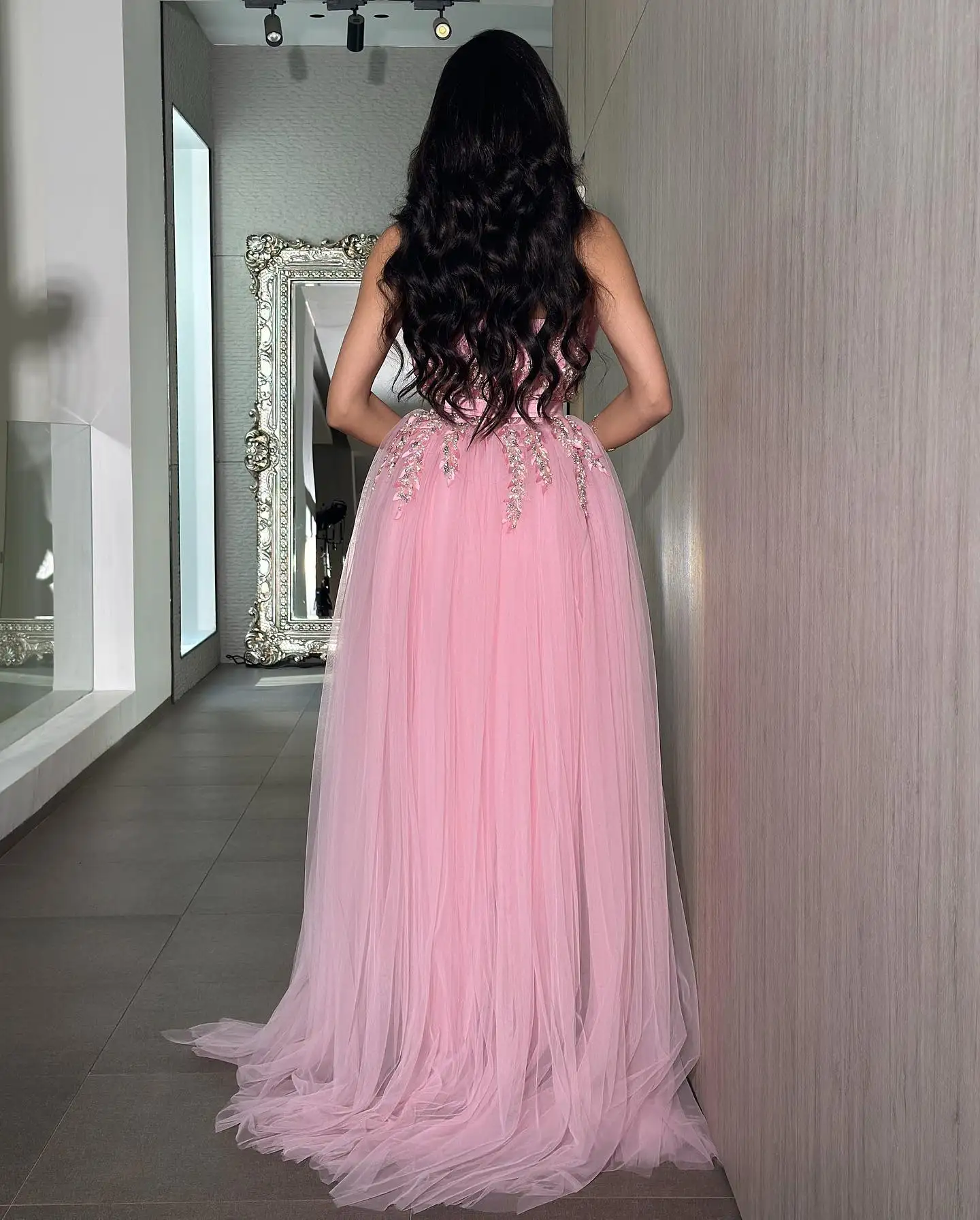 Pink Sheath Satin Prom Dresses Long for Arabic Women 2025 Strapless Beading Crystal Detachable Skirt Evening Gowns Customized