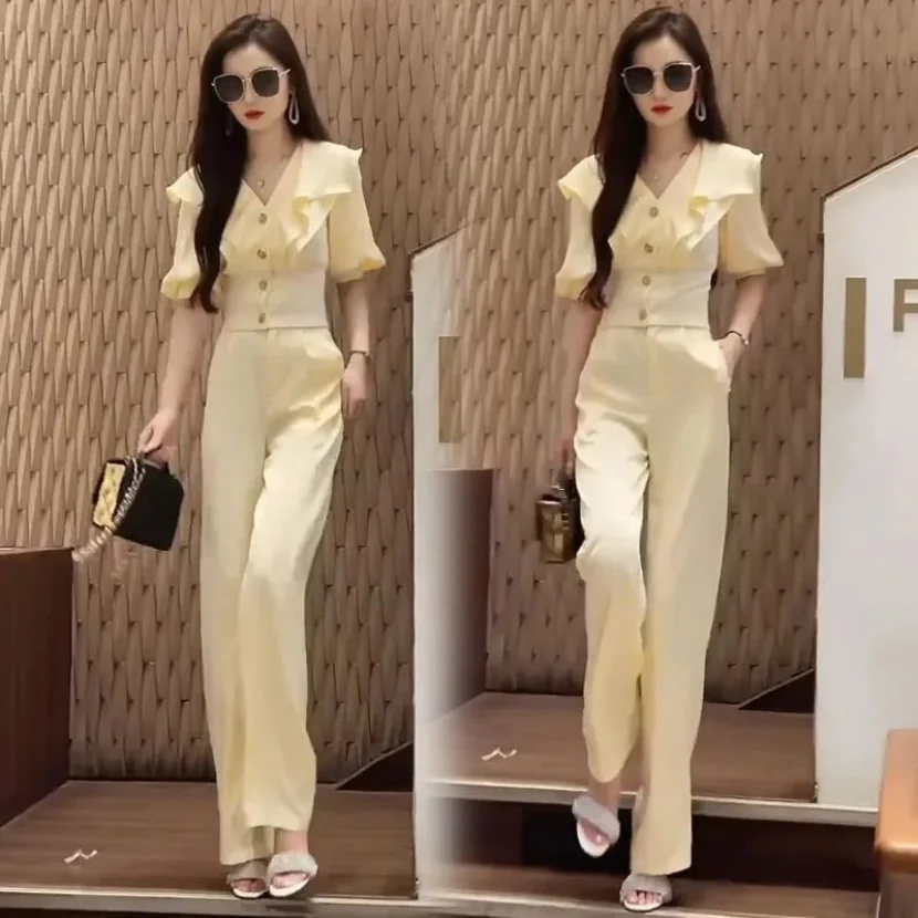 Temperament Fashion Set Women\'s Spring/Summer New Ruffled V-Neck Slim Top Fashionable Wide Leg Pants Two Piece Set