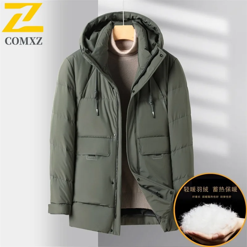 COMXZ Men Mid Length Down Jacket Winter New Loose Fit Thickened Duck Down Casual Fashion Waterproof windproof Outdoor sport coat