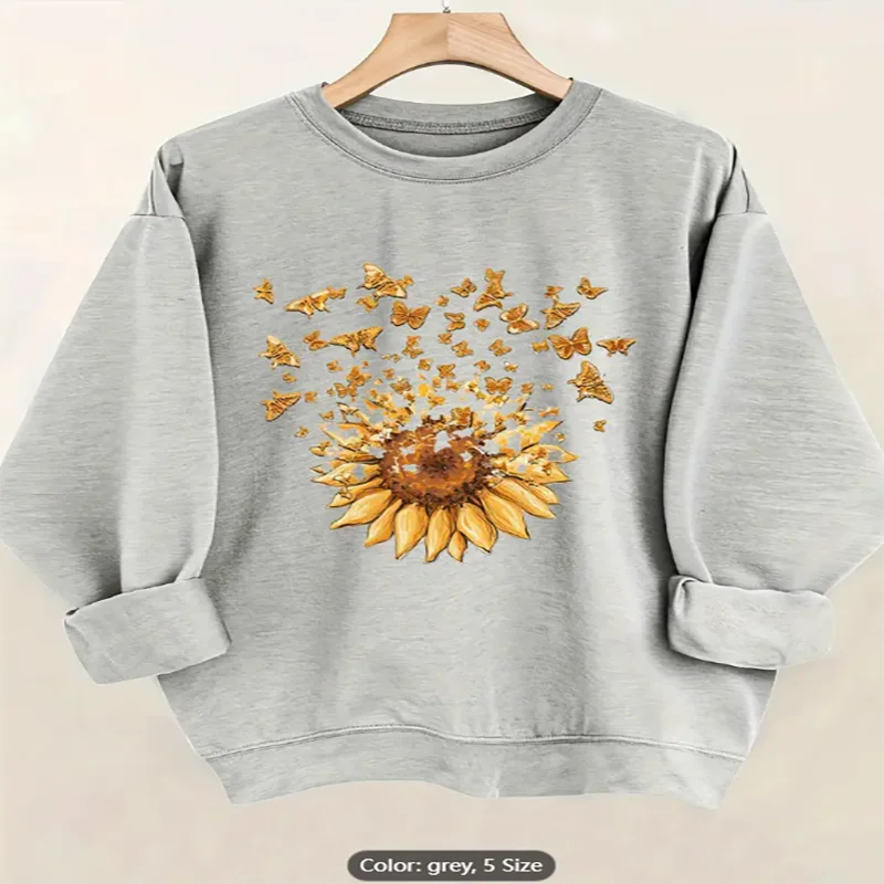 

Женская серая толстовка с графическим принтом подсолнечника и бабочки, повседневный пуловер большого размера, топ для любителей природы, чистый хлопок
