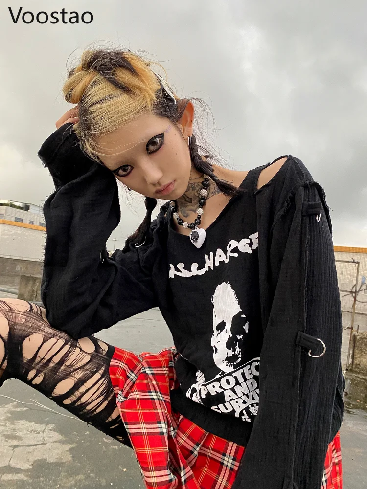 Spring Autumn Gothic Punk Skull Print T-Shirts Women Streetwear Off Shoulder Long Sleeve Tees Lady Black Irregular Y2K Club Tops