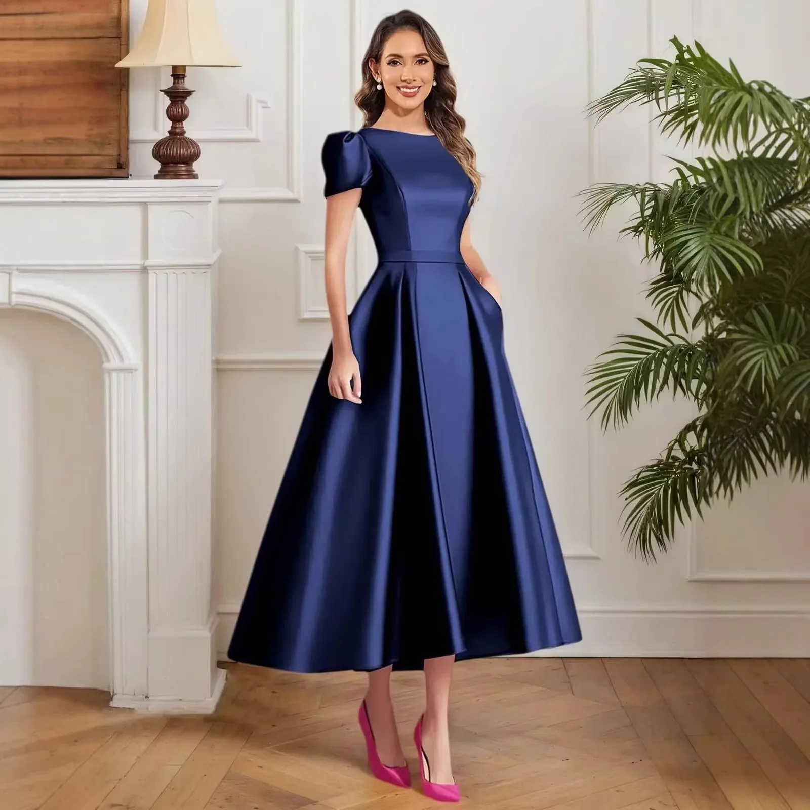 

Women Satin Tea Length Evening Dress Boat Neck Puff Short Sleeve A-Line Formal Party Gown With Pockets Of The Bride Dresses