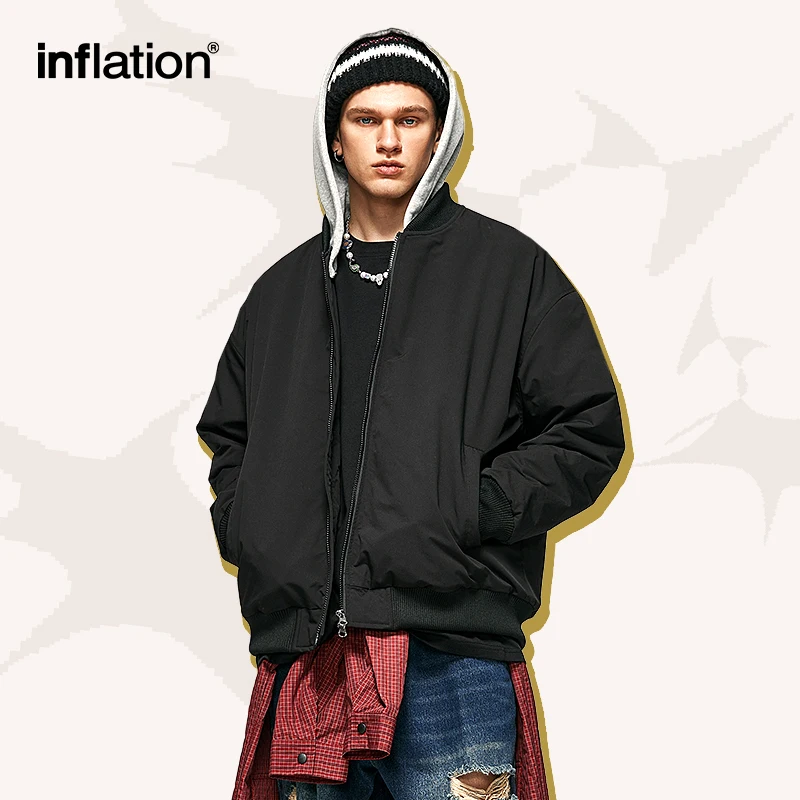 INFLATION Colorblock Detachable Hooded Bomber Coat Men Winter Warm Fake Two Pieces Cotton Padded Baseball Jacket