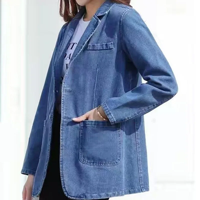 Vintage Suit Women Jeans Jacket Casual Tops Loose Short Denim Blazer Outwear Female Cowboy Basic Coat New 2023 Spring Autumn