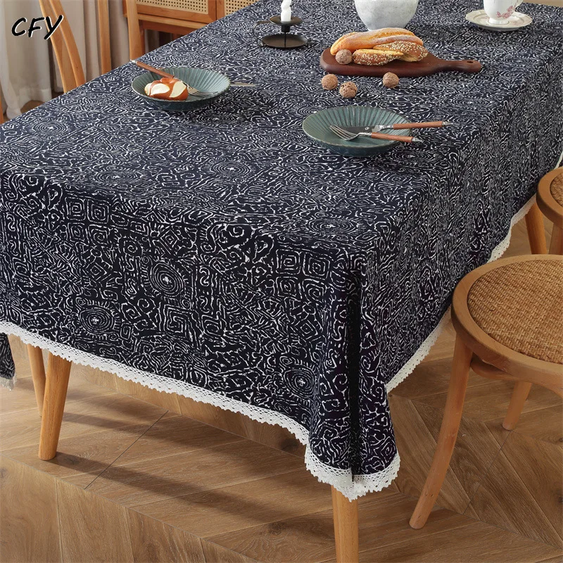 

Cotton Linen Black Background Geometric Stripes Rectangular Table Cloth Kitchen Table Map Towel Tablecloth Decoration