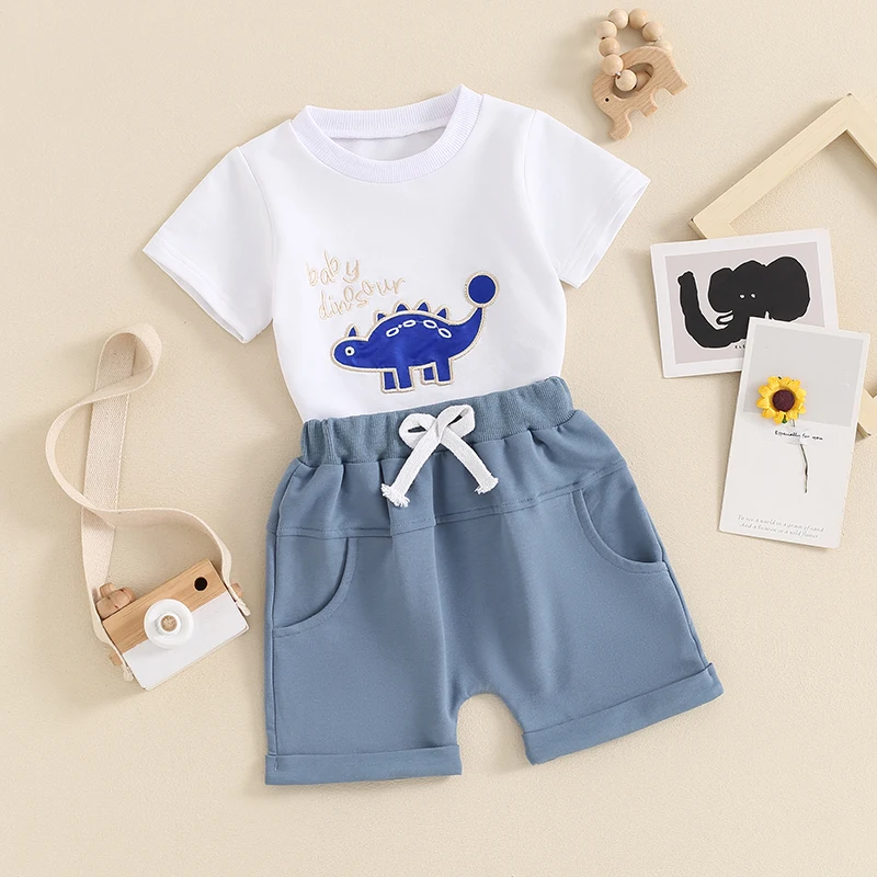 

Toddler Baby Boy Outfit Short Sleeve Dinosaur Embroidery T-Shirt Top Elastic Shorts Sets Infant Boy Summer Clothes