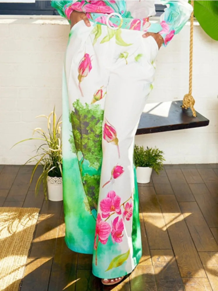 Gymystars, pantalones de pierna ancha para mujer, pantalones informales de belleza para el suelo, pantalones holgados de cintura alta con cinturón, pantalones con estampado Floral a la moda para mujer