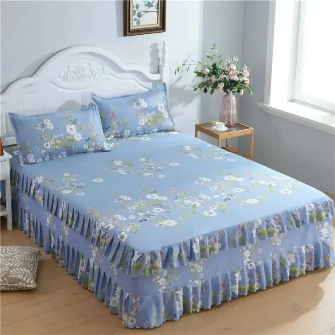 3PCS/Set Bed Sheet Set Flower Bedspread - Non-Slip Bed Dress Sheet for King/Queen Size 1.5M/1.8M/2M Beds Soft Home Bedding Cover