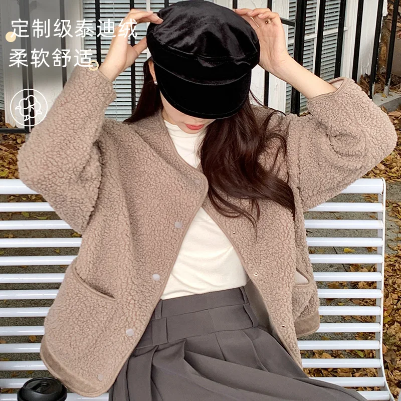 Autumn and Winter O-neck Lamb Wool Cotton Coat for Women Jackets Single-breasted Feeling Teddy Thick Woolen Cardigan Top Jacket