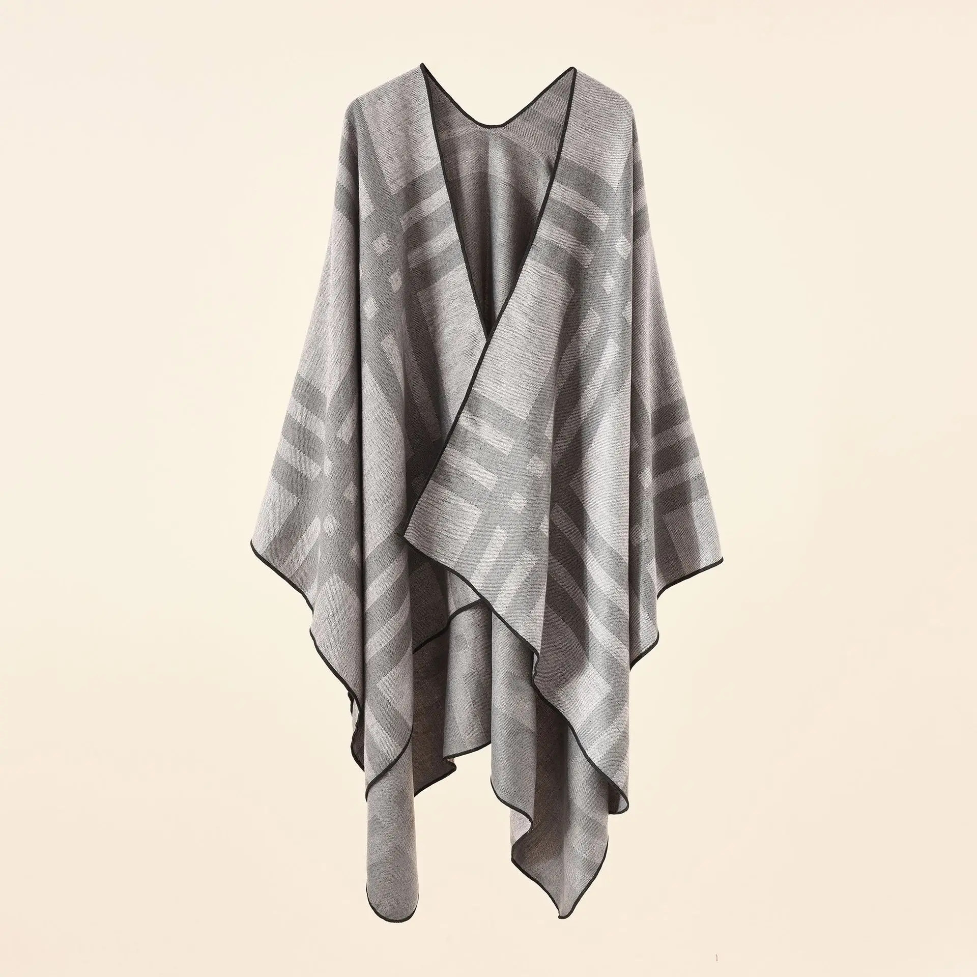 2022 Autumn Winter New Large Plaid stripe pattern Imitation Cashmere Warm Casual Women  Shawl  Poncho Capes Lady Coat Gray