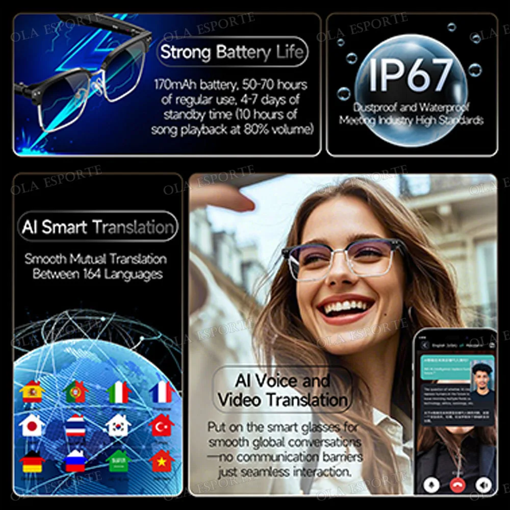 نظارات الترجمة الذكية AI بلوتوث مكالمة الموسيقى عن بعد 164 فيديو عبر الإنترنت مترجم اللغة ملاحظة صوتية UV400 النظارات الشمسية 2025