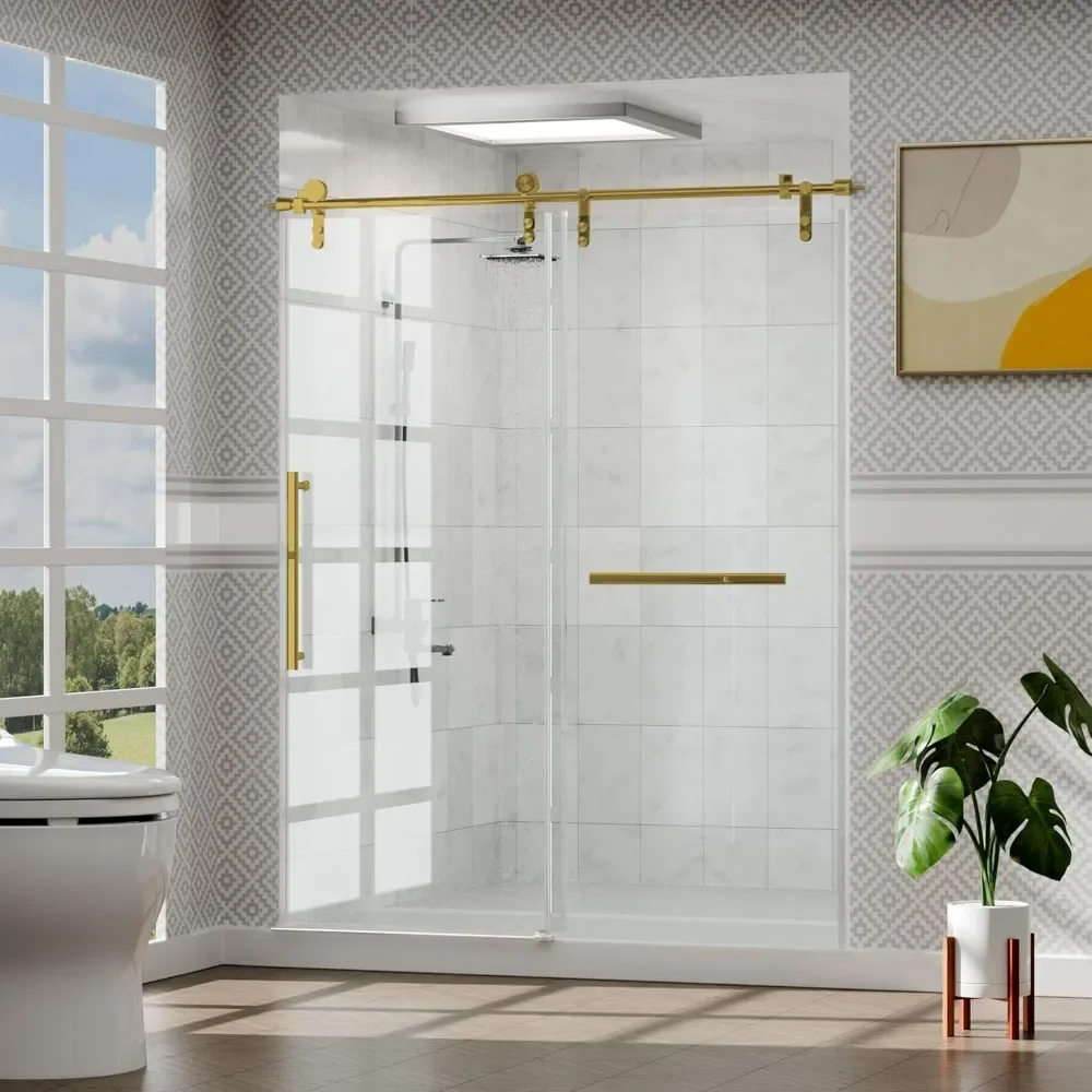 

Frameless Slidable Shower Door, 56-60" W × 76" H, 5/16" Clear Tempered , Gold Stainless Steel Handle, Noiseless Shower Door