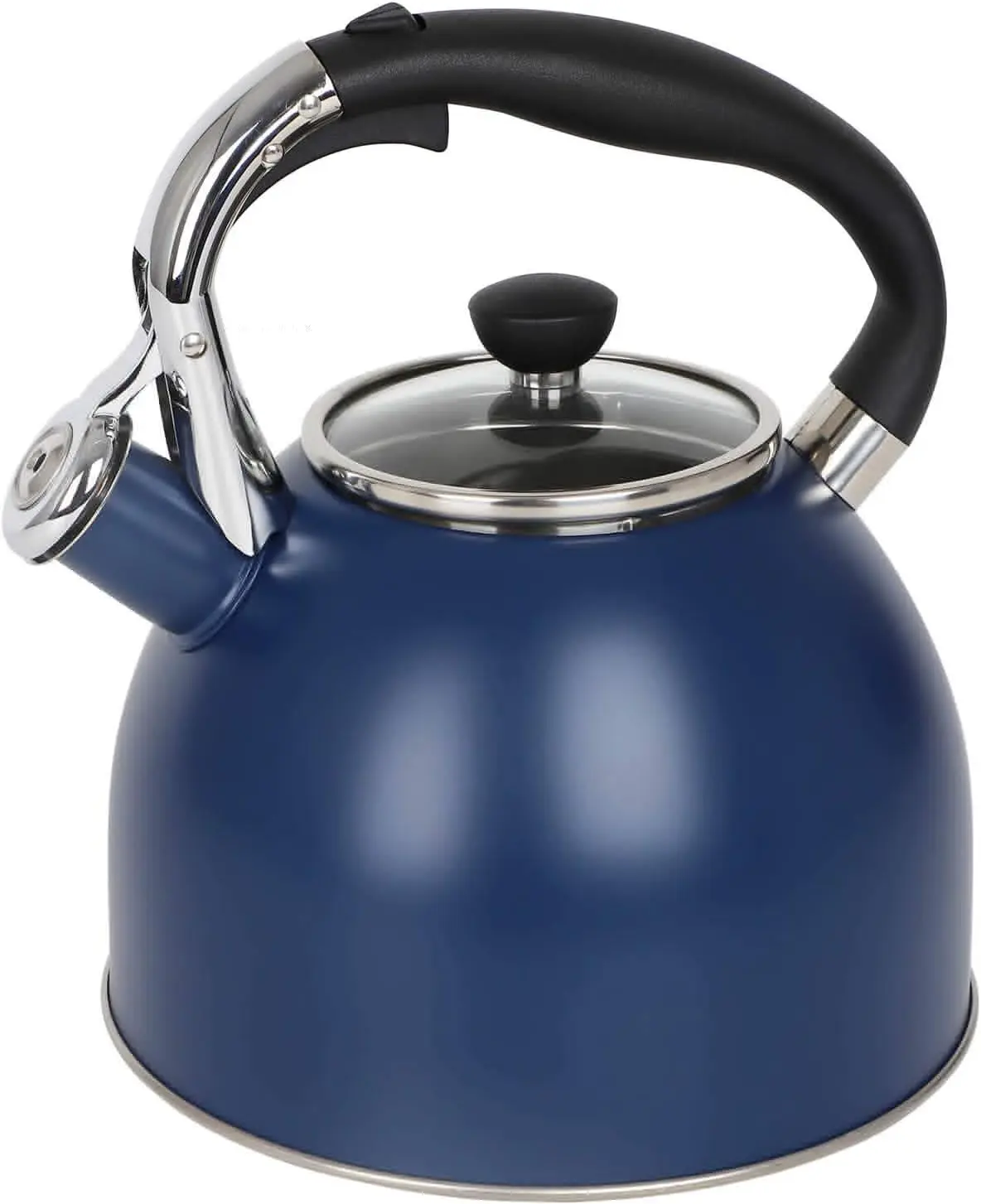 

Stainless Steel Whistling Tea Kettle: 2.6 Quart with Glass Lid & Capsule Bottom in Navy Blue
