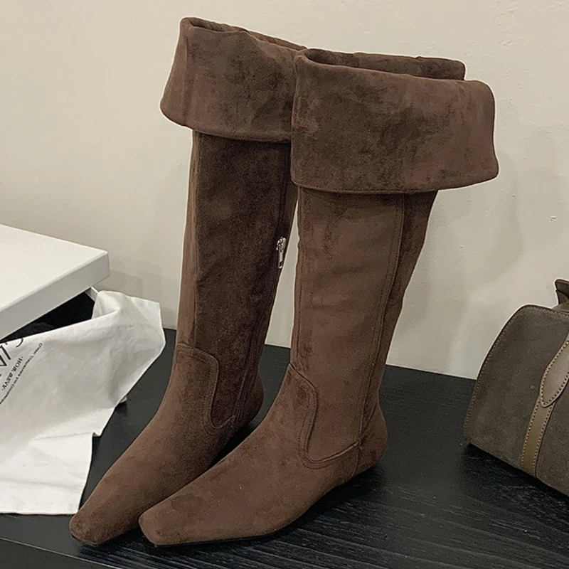 

Eilyken 2026 Winter Fashion Design Turned-over Edge Over The Knee Boots Woman Pointed Toe Low Heels Zipper Shoes