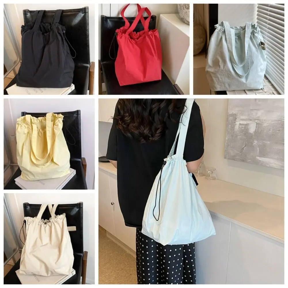 

Solid Color Drawstring Tote Bag Washable Large Capacity Shopping Bag Reusable Environment-Friendly Canvas Handbag Outdoor