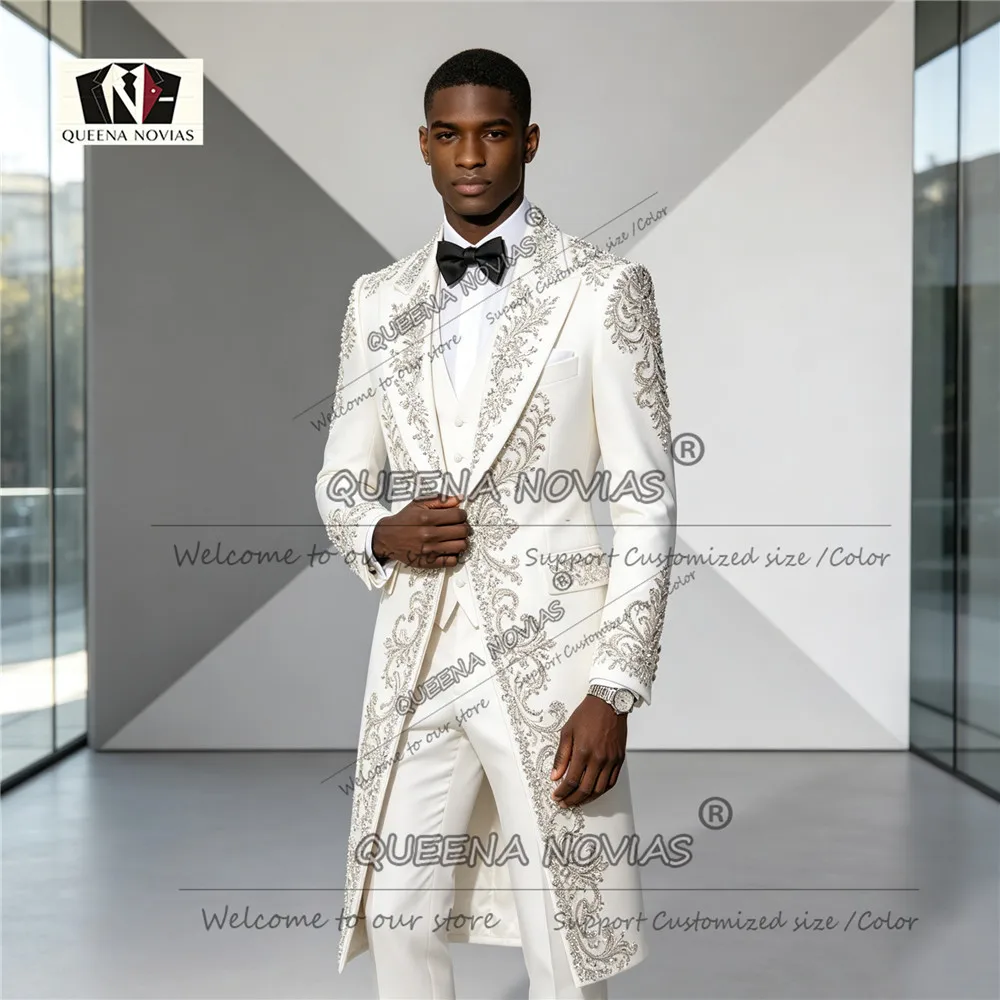 Exclusive Solid Long Suit For Man Beadwork Stones Sequin Prom Blazer Oversize Customized Groom Dinner Party Tuxedo Customized