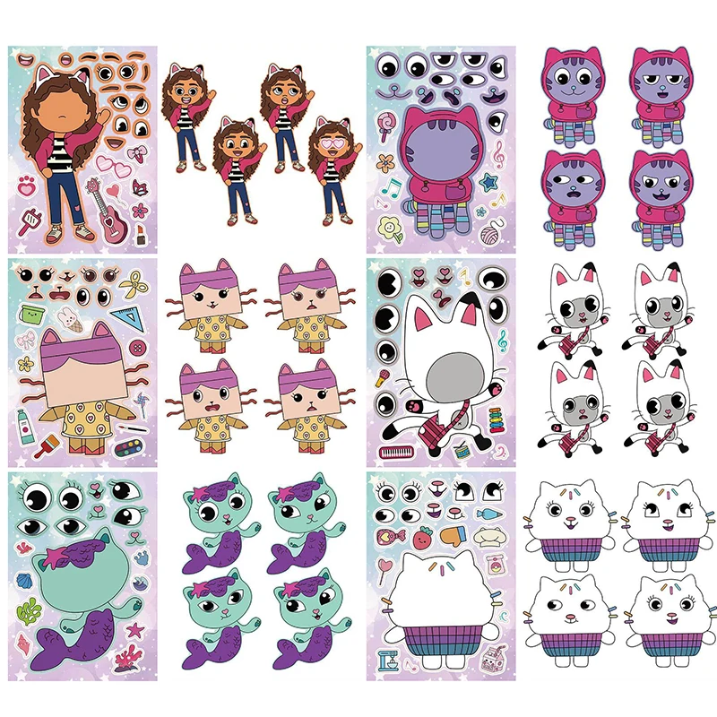 6Sheets Gabby\'s Dollhouse Make A Face Puzzle Stickers Cartoon Parent-child Interactive Puzzle Ledger DIY Face Stickers