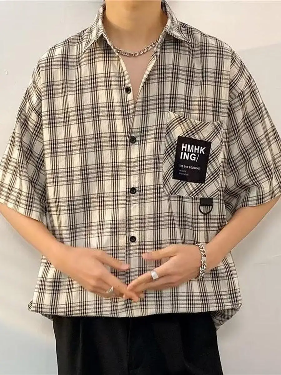 

Summer Large Size Plaid Short Sleeve Casual Shirt Men's Loose Fit Hong Kong Style Collar Leisure Outerwear Trendy Outer Shirt