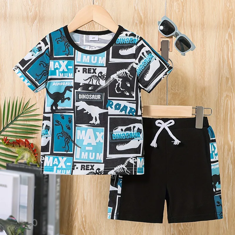 Boys' Checkered Dinosaur Letter Printed Casual Clothes With Round Neck, Short Sleeves, Elastic Waist, Fake Drawstring Pants Set