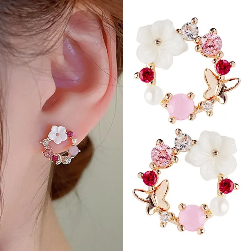 

925 Silver Needle Crystal Pearl Butterfly Flower Wreath Earrings For Women Jewelry 2026 Trending Women's Korean Fashion Earrings