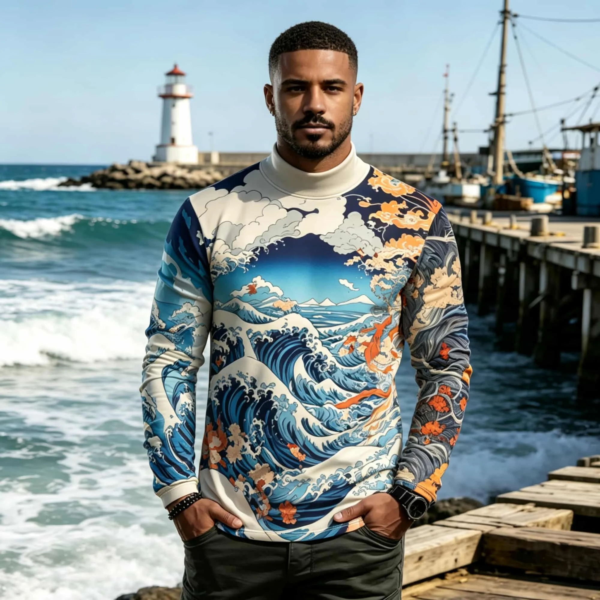 Japanese Ukiyo-e Wave Graphic Long Sleeve T Shirt for Men Vintage Ocean Cloud Art Print Mock Neck Casual Tops