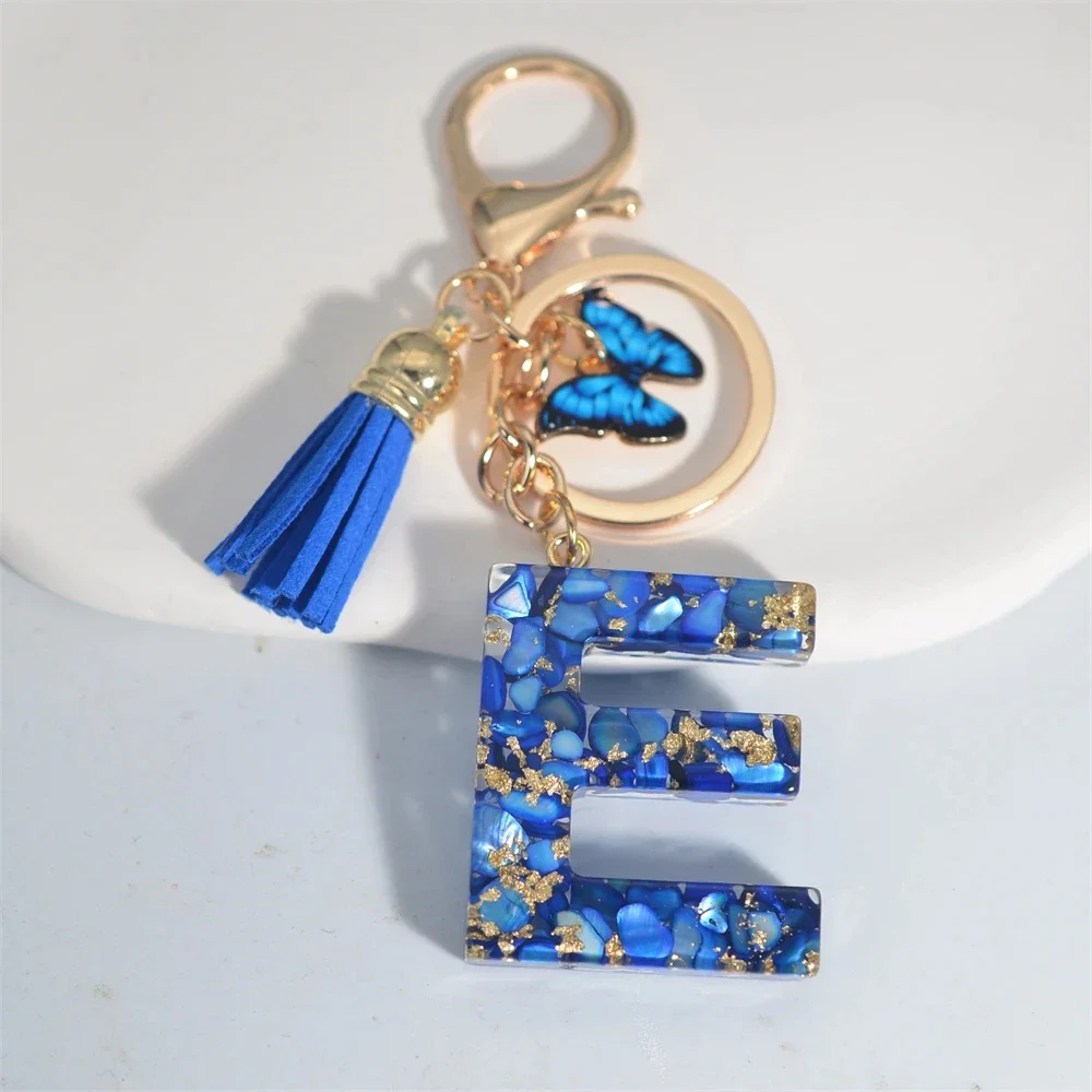 Modischer blauer glasierter Stein, A bis Z, Buchstaben-Schlüsselanhänger, 26 Initialen, Alphabet, Schmetterling, Quaste, Anhänger, Auto-Schlüsselanhänger, Damenschmuck, Geschenke