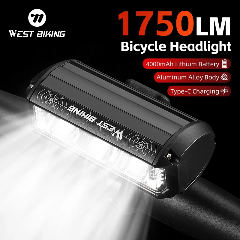 WEST BIKING Bicycle Light Front 1750Lumen Bike Light 4000mAh Waterproof Flashlight Type-C Charging MTB Road Cycling Lamp