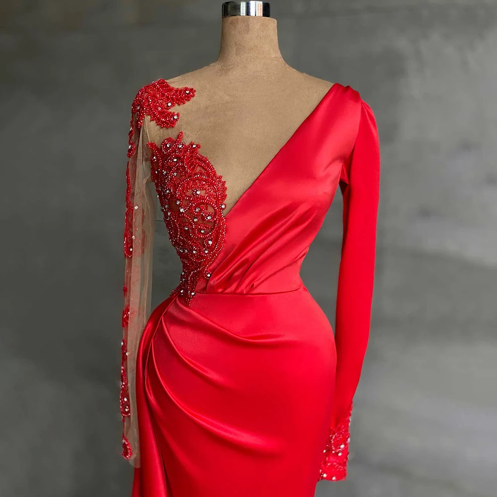Red Beaded Prom Dresses Luxury Mermaid Appliques Long Sleeve High Slit Women Formal Evening Gowns Wedding Party Customized
