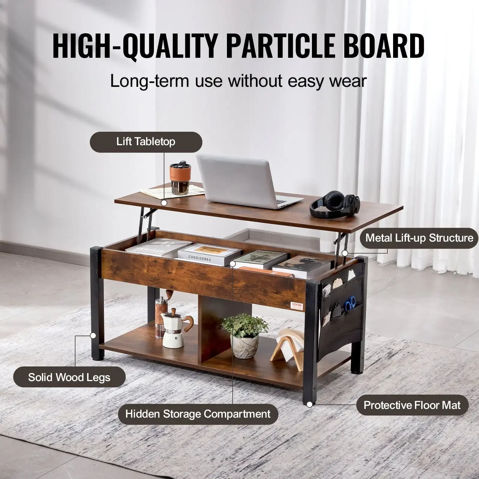 Mesa de centro elevatória mesa de centro retangular de 41,7" para sala de estar marrom