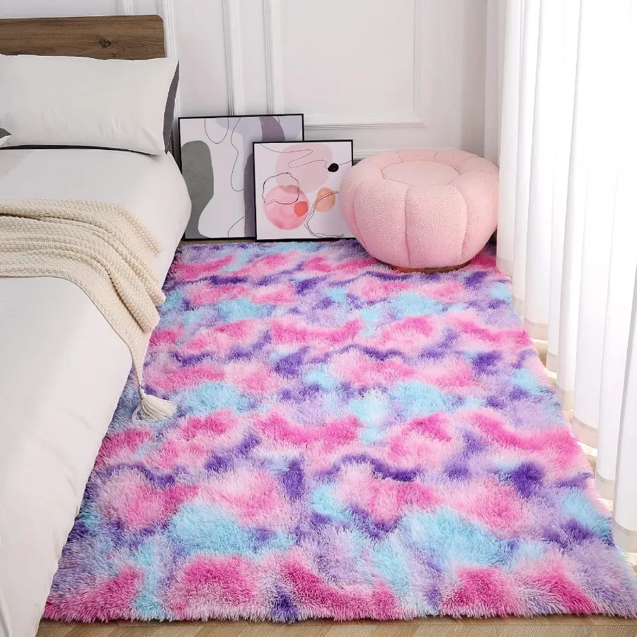 Soft Rainbow Area Rugs for Girls Room 5x8 Feet, Fluffy Girls Bedroom Rugs