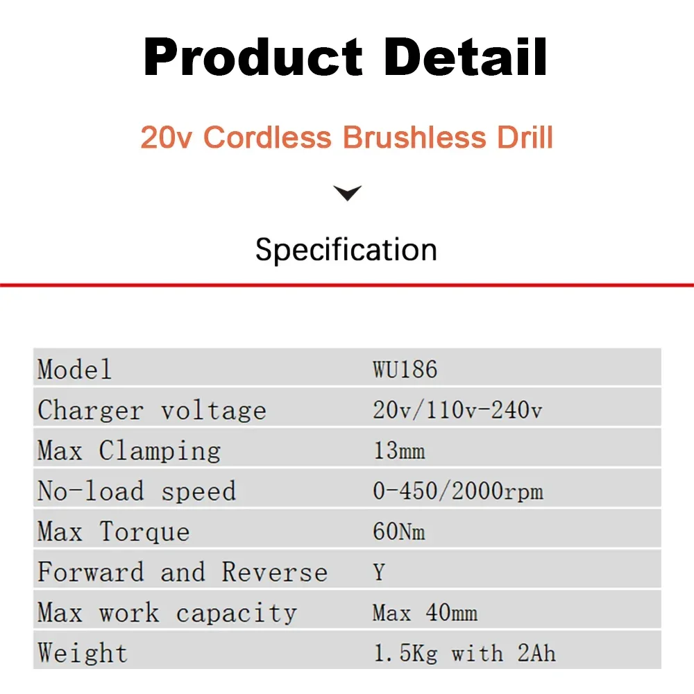 Worx WU186 Wireless Electric Drill Rechargeable Brushless Metal Chuck 60Nm 2000rpm 2Speed Adjustable Universal 20v Green Battery