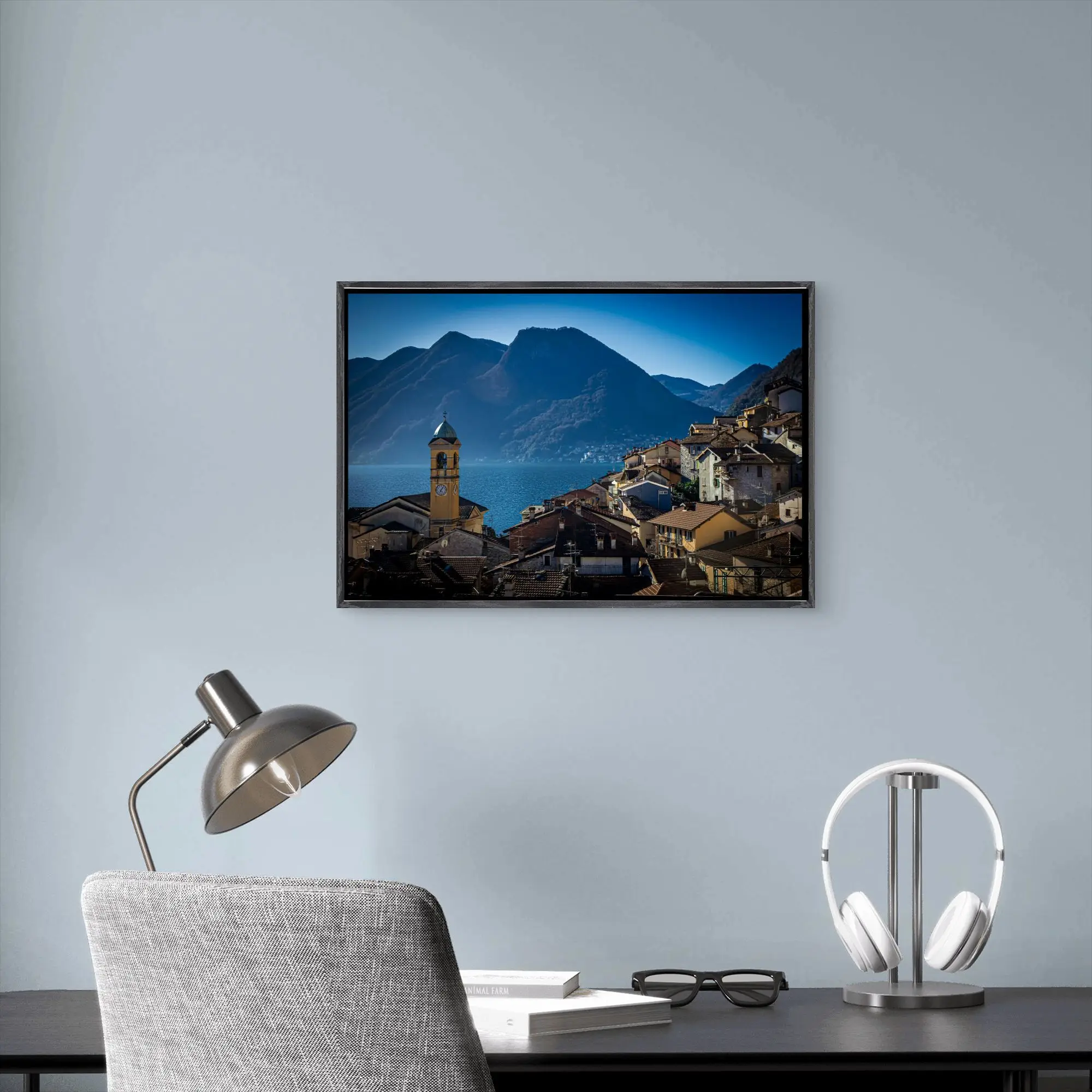 البحر الأبيض المتوسط نمط إيطاليا بحيرة كومو المناظر الطبيعية الخلابة المشهد ليكسايد العائمة مؤطرة قماش ملصق جدار ديكور