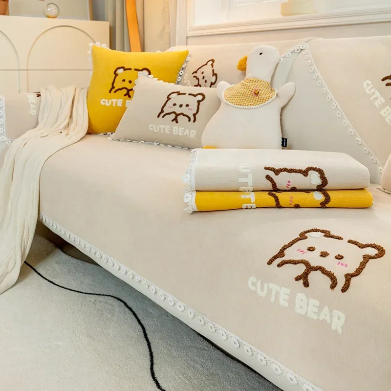 

Chenille Sofa Cover Cartoon Embroidery Couch Covers Non-slip for Living Room Home Decor Universal Couch Cushion Lace Sofa Cover