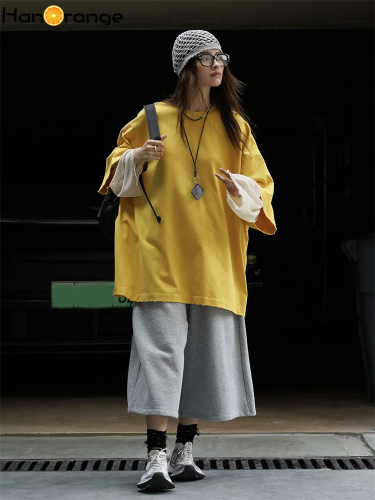 HanOrange 2025 Frühherbst-Garnärmel 600 g Baumwoll-T-Shirt für Damen, lässiges Top, T-Shirts, Weiß/Schwarz/Gelb