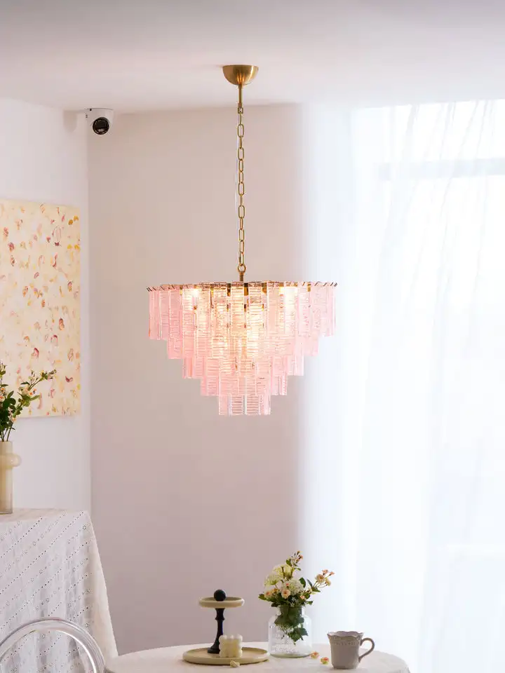 Ribbed glass chandelier with a stepped tiered arrangement
