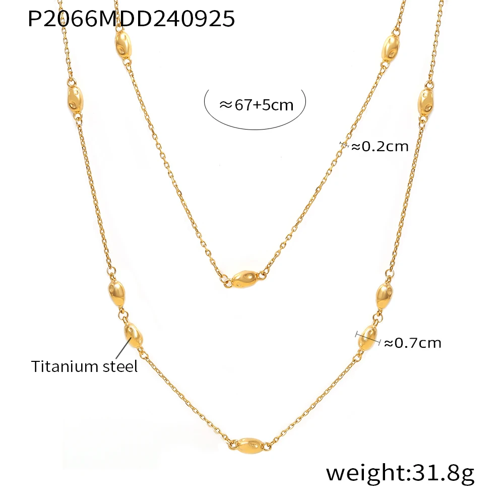 Oval Beaded Long Necklace for Women Stainless Steel Sweater Chain Gold Plated 2 Strings Waterproof Jewelry Gift
