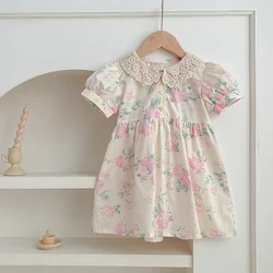 1-6Y Girls Dress Summer Casual Princess Dresses Lace Doll Collar Clothes Pink Flowers Costumes Kids Vestidos Cotton Party Dress