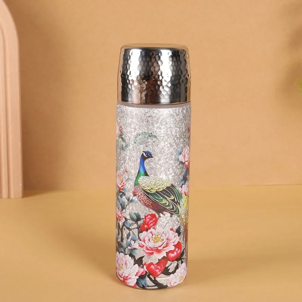 

New 500ml Vacuum Flasks Tea Separation Peacock Titanium Coated Thermos Cup Titanium Coated Peony Water Bottle Hot/Cold