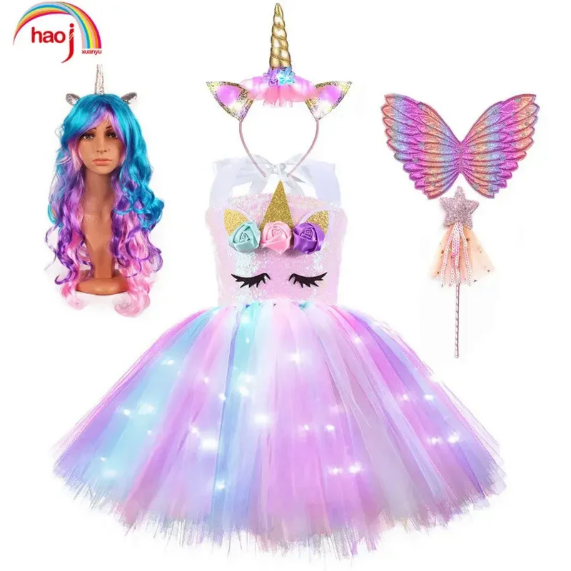 Unicórnio Cosplay Traje com Luz LED para Crianças Purim Halloween Festa de Natal Vestido para Performance de Palco Presente de Aniversário