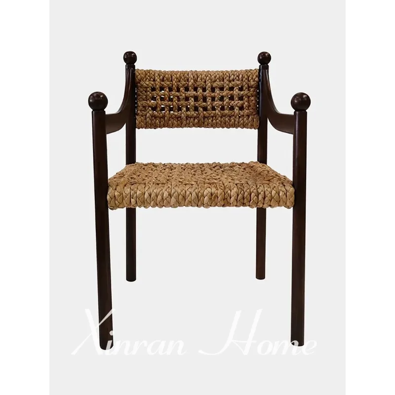 Middle-aged Rattan Solid Wood Dining Chair Retro Home Designer High-end Light Luxury Art Armchair Home Leisure Rattan Chair
